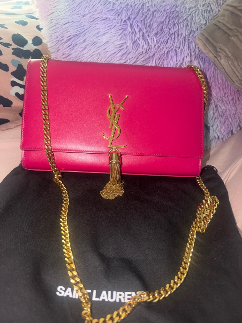 Authentic Saint Laurent Kate Shoulder Bag Pink Leather Gold Tassel